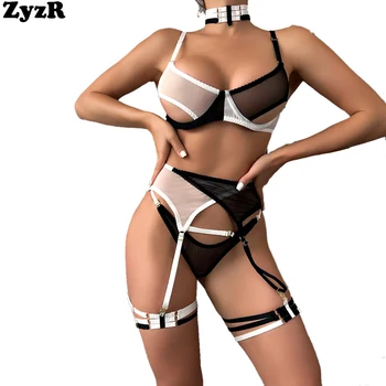 ZyzR Черно-Бял, Цветен Блок Окото на Изкушението на Дамско Бельо 3шт Прозрачна Пижама Комплект Колани Еротични костюми