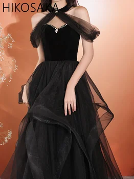 Черна Вечерна рокля с Къс ръкав и яка-часова, Модерно Луксозно Кристалното Елегантна Рокля с Дължина до пола от Тюл за Бала, Robe De Soirée за Жени