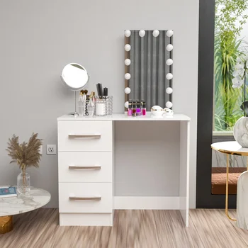 Модерен тоалетка с огледало, електрически крушки, бяла украса, модерна лекота, това чувство на малък шкаф за съхранение, Вградена масичка за грим