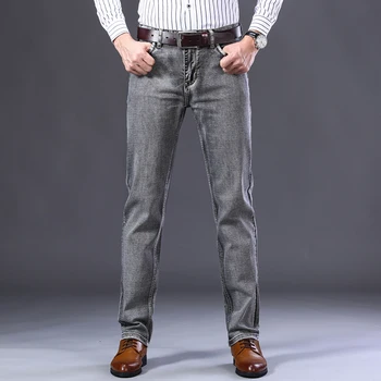 Реколта Опушен-сив Мъжки Дънки-участък, Класически Модерен Бизнес Ежедневни Директни Обикновени Дънкови панталони, Сиви панталони