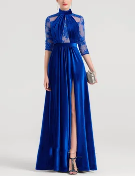 Синьо Кадифе, Дамски официални рокли с високо воротом, Дълги Луксозни Рокли за Бала на известни Личности 2023, с Пайети, vestidos
