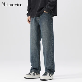 Есенни прости мъжки дънки, ежедневните дънки, Памучни широки дънкови панталони с еластичен ластик на талията, корейската мода, универсални широки дънки 5XL