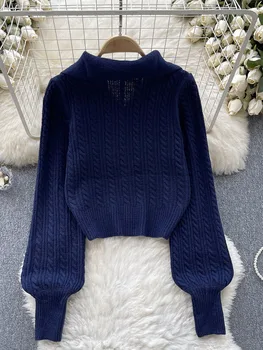 Жена Есенен пуловер-поло в корейски стил, пуловер с дълги ръкави, Свободни и тънък, обикновен, дизайнерски, Уникален топ за ниша D4616 Жена Есенен пуловер-поло в корейски стил, пуловер с дълги ръкави, Свободни и тънък, обикновен, дизайнерски, Уникален топ за ниша D4616 3