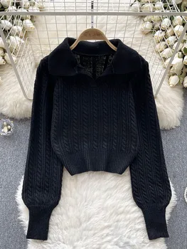 Жена Есенен пуловер-поло в корейски стил, пуловер с дълги ръкави, Свободни и тънък, обикновен, дизайнерски, Уникален топ за ниша D4616 Жена Есенен пуловер-поло в корейски стил, пуловер с дълги ръкави, Свободни и тънък, обикновен, дизайнерски, Уникален топ за ниша D4616 5