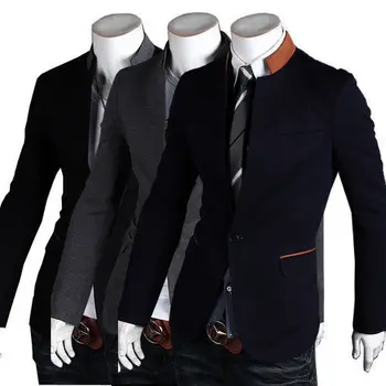 Брендовый мъжки моден костюм, палто, яке с висока яка на една пуговице, Официален блейзър, приталенные якета, Връхни дрехи в 3 цвята