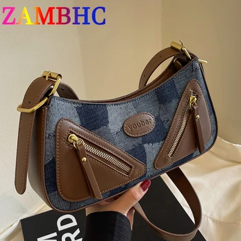 Дизайнерски дънкови чанти през рамо със стил Y2K, малка чанта през рамо за жени, 2023, модни маркови каре дамски чанти под мишниците и портфейла си, Новост