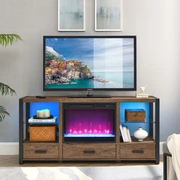 60-инчов електрическа камина, поставка за мултимедия на телевизора с синхронизирующими цветни светодиодни крушки-рециклирани цвят барнвуда за мебели в хола