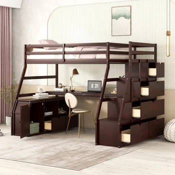 Двойно легло таванско помещение с 7 чекмеджета, 2 рафтове, бюро, лесно за монтаж за мебели за спалня на закрито