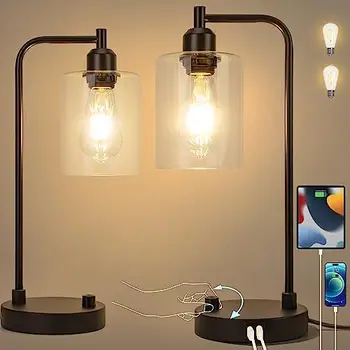 Индустриална нощна настолна лампа, комплект от 2 на 3-полосных лампи с регулируема яркост за спални, USB-настолна лампа със стъклен абажуром, настолни лампи за четене