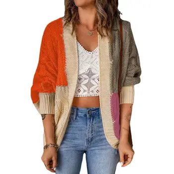 Дамски Свободна ежедневни шал в контрастен цвят, есен и зима, Нов вязаный жилетка в контрастен цвят, пуловер, палто, Пуловер за жени
