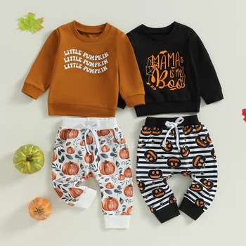 ma & бебе от 0 до 2 години, Комплекти дрехи за новородени Деца на Хелоуин, Блузи с надписи за малки момчета, Панталони с принтом Тиква, Облекла, костюми D06