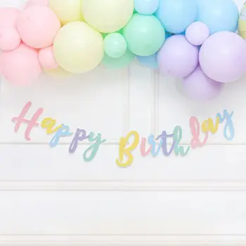 Банер с Надпис Macaroon Честит рожден ден на Baby Shower, Розово, Жълто, Синьо, лилаво, Венец, Фонове