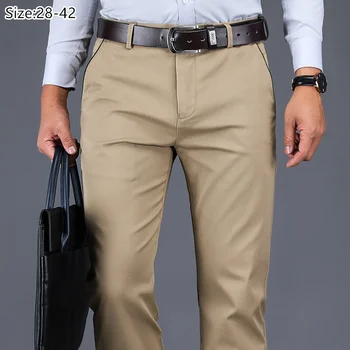 Модел панталони, мъжки дрехи, плътни есенни бизнес опъната Директни неглаженные Работни Офис панталони цвят Каки Плюс размера на мъжки костюм