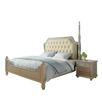 Двойно легло от масивно дърво по френски светло кремовом стил, двойно легло принцеса в спалнята, мека облегалка от дърво, американска череша, двойно легло king size