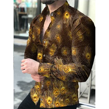 Луксозна мъжка риза с ревера, дизайнерска тениска за почивка с принтом Златното перо на Феникс, риза с дълъг ръкав, мъжки жилетка за система за партита 2023