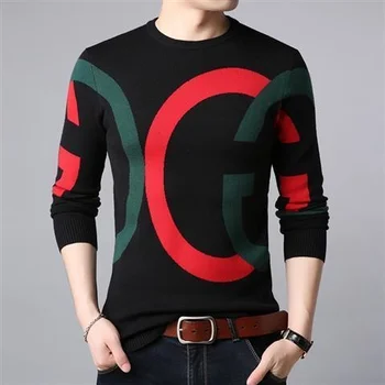 Вязаный мъжки пуловер, фин пролетта нов мъжки пуловер на средна възраст, свободна базова риза в корейски стил