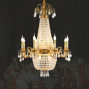 Френската класическа латунная кристален полилей в европейски стил, за да хол с висок таван, мед, окачена лампа
