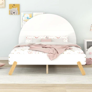 Дървена красиво легло-платформа с извит таблата, в пълен размер легло с рафт за таблата, бяла
