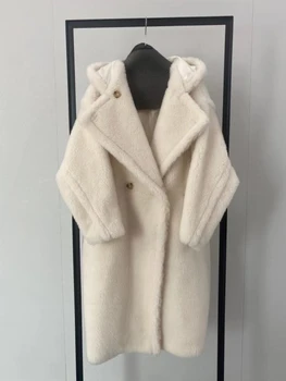 Ново палто с качулка от естествена кожа Плюшено Мече, зимни дебели палта от вълна, алпака, Женски топло палто с ревера агне, Дълъг ръкав, Свободна модерно яке, есен