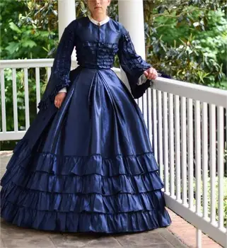 Викторианската Гражданска война, Южна Красавица, Костюм за Cosplay, Синя Бална рокля от 1860-те години, Пътен комплект Скарлет, Коледна рокля