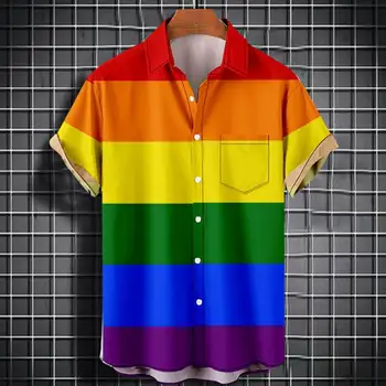 Елегантна мъжка риза, подходяща по цвят, Охлаждаща, свободна, цветове на дъгата, плажна риза голям размер