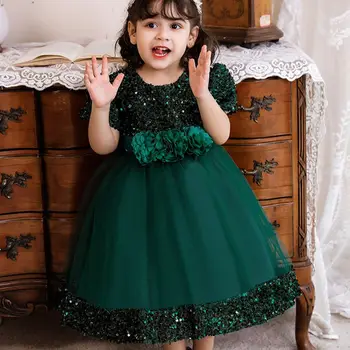 Луксозно рокля с пайети за момичета в цветенце, Пищни рокля за Парти в чест на рождения Ден за момичета, Зелена рокля на Принцеса за момиченца
