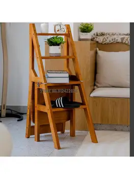 Стол-стълба от масивно дърво, домакински стол-стълба, Сгъваема стремянка с двойно предназначение, вътрешна многофункционална стълба с педали за повдигане