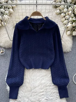 Жена Есенен пуловер-поло в корейски стил, пуловер с дълги ръкави, Свободни и тънък, обикновен, дизайнерски, Уникален топ за ниша D4616 Жена Есенен пуловер-поло в корейски стил, пуловер с дълги ръкави, Свободни и тънък, обикновен, дизайнерски, Уникален топ за ниша D4616 0