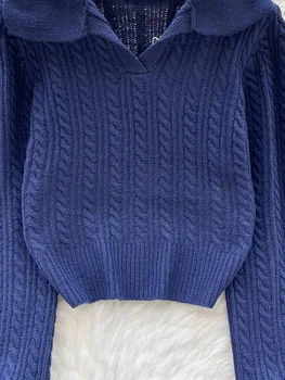 Жена Есенен пуловер-поло в корейски стил, пуловер с дълги ръкави, Свободни и тънък, обикновен, дизайнерски, Уникален топ за ниша D4616 Жена Есенен пуловер-поло в корейски стил, пуловер с дълги ръкави, Свободни и тънък, обикновен, дизайнерски, Уникален топ за ниша D4616 2