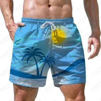 Летни мъжки плувни шорти, Модни бански с 3D печат, Спортни Свободни Плажни панталони, Всекидневни празнични топене