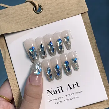 Emmabeauty Ice Blue Ръчно печат за нокти-Кристали с форма на диамант в средата и гланцово покритие -Освежаващо и затрогваща