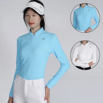 Женска тениска за голф с яка, цип, Женски высокоэластичные тънки блузи за голф, Ризи с дълъг ръкав срещу изпотяване за момичета, ежедневни, спортно облекло