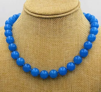 Натурален 12 мм огромен син нефрит, кръгли перли, от скъпоценни камъни колие 18 