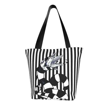 Модни чанти-тоут за пазаруване с пясъчен червей Beetlejuice, торби за Многократна употреба за пазаруване от Филм на ужасите на Тим Бъртън, Холщовая пазарска чанта на рамото