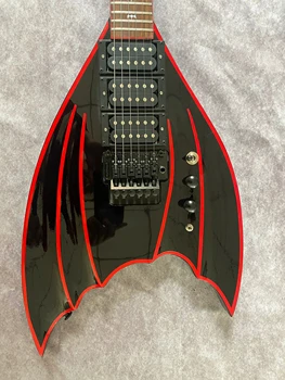 Електрическа китара със специална форма с черно крило от прилеп, Корпус от махагон, Черно и оборудване, Тремоло-бридж Floyd Rose, Звукосниматели HHH, Инкрустация 
