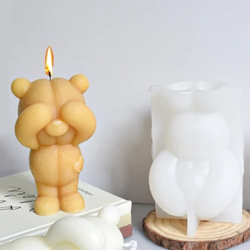 3D Силиконова форма за свещи с участието стои мечка, обхващащи очите, Определени за сапун, Помощ, смола, Определени за печене на лед и шоколад 